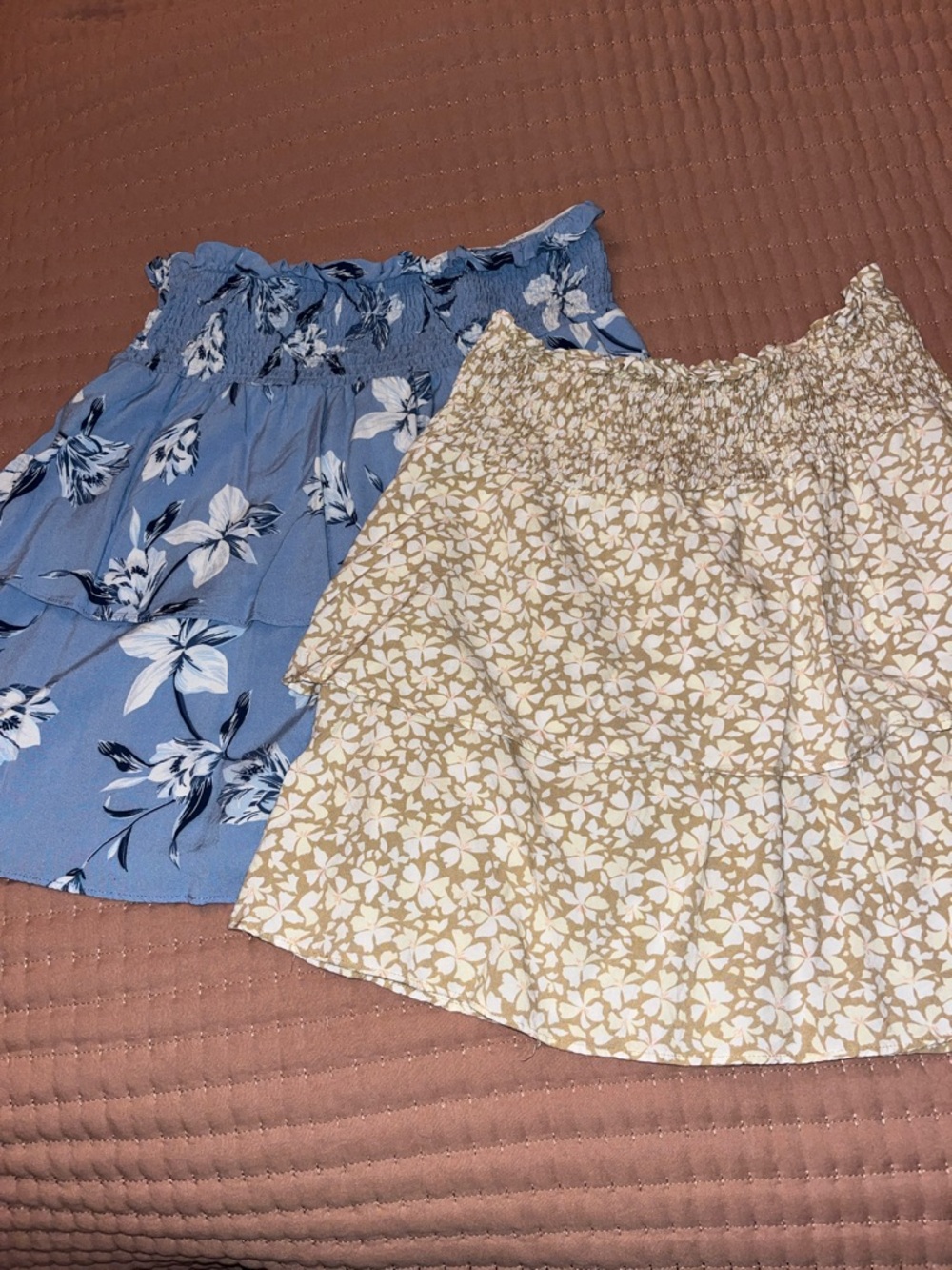 Set of 2 Floral Print Elastic Waist Skirts - Blue & Beige